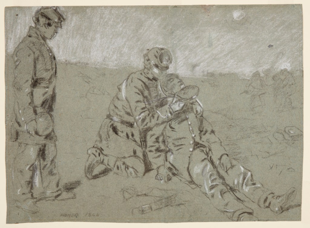 Winslow Homer drawing of a soldier giving water to a wounded man